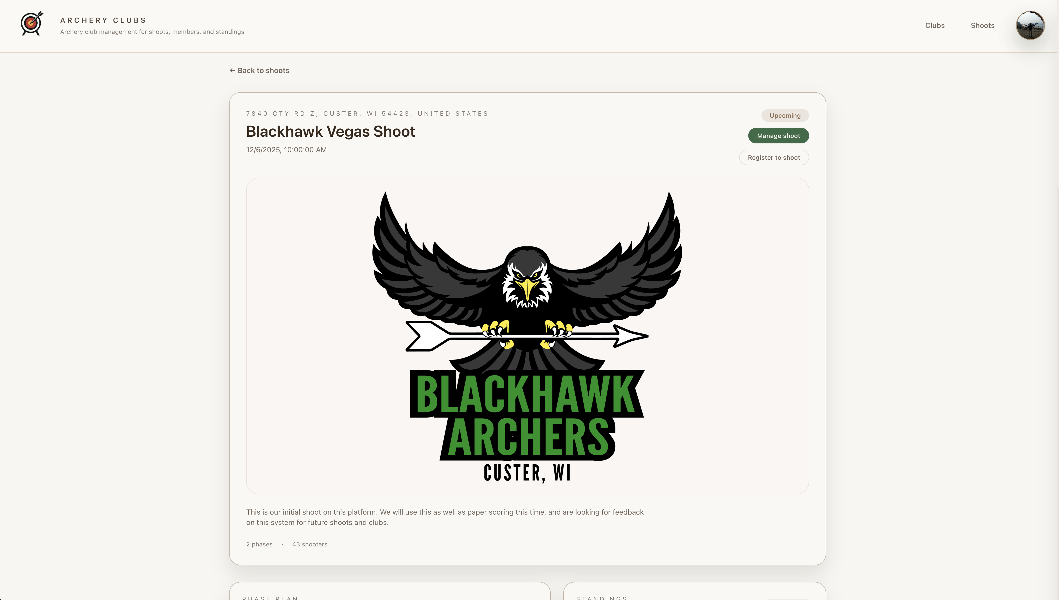 Archer Shoot Club dashboard