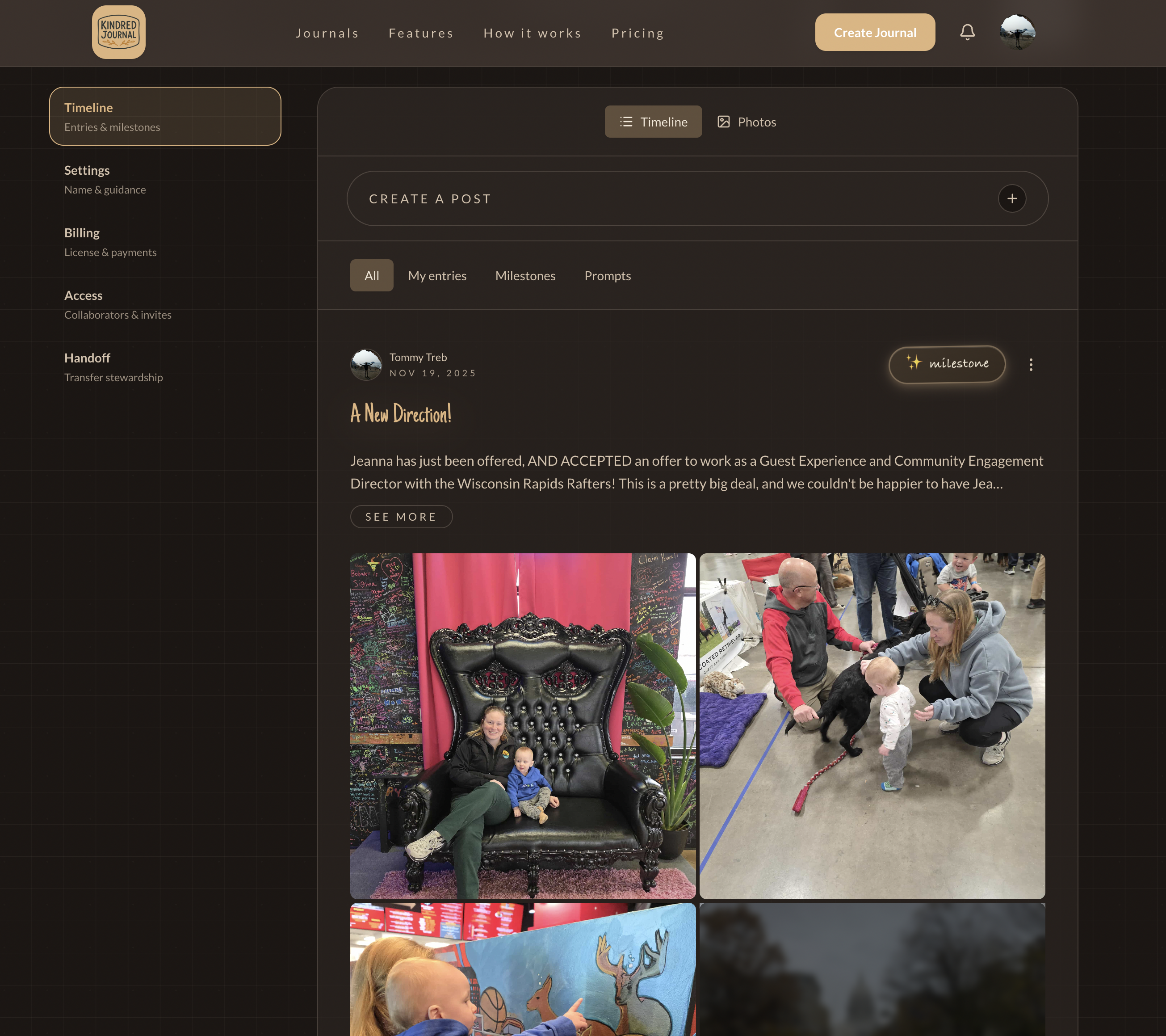 Kindred Journal dashboard